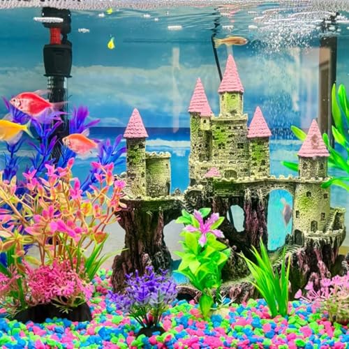 Aquarium Castle Decorations, Resin Castle for Fish Tank with Randomly Color Plants Decor Accessories for Freshwater and Saltwater Fish Tanks (Pink) - color: 【pink】