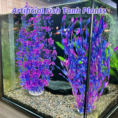 Hamiledyi Tall Aquarium Plants 23 Inches - Fish Tank Decorations, Artificial Green Water Plants Grass Cluster, Soft Plastic Fake Decor 2PCS（Purple Style C） - color: Purple（style C）