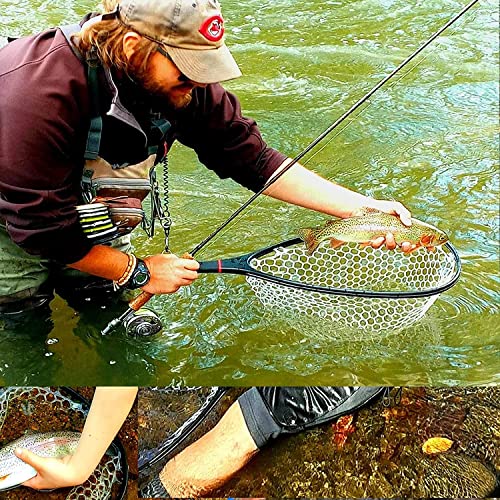 Aventik Fly Floating Fishing Net Carbon Fiber Landing Trout Net Light Weight Clear Rubber Ghost Net Catch & Release - color: Long handle green with magnetic release