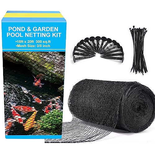BUZIFU Pond Netting, 15 x 20FT Heavy Duty Pond Net for Koi Ponds, Garden Pool Fine Mesh Netting Kit for Leaves, Protects Koi Fish from Birds Cats Predators, with 14 Stakes and 30 Cable Zip Ties - size: 15x20FT