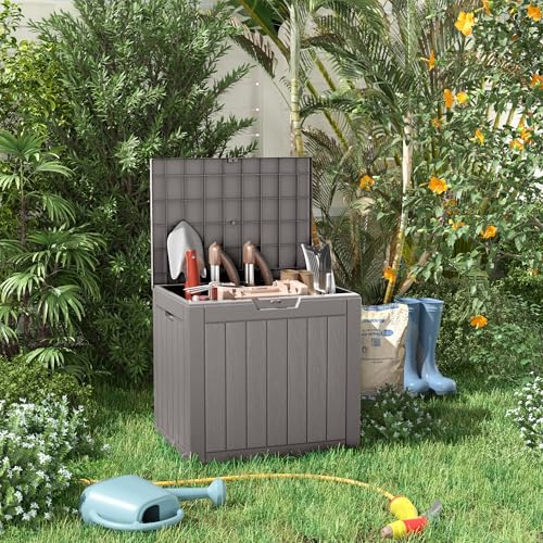 PatioZen 31 Gallon Resin Deck Box, Lockable Patio Outdoor Storage Box for Furniture, Garden Tools and Tools Storage, Waterproof Outside Storage Boxes - Grey - color: Grey, size: 31 Gallon
