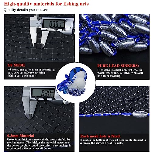 Drasry Saltwater Fishing Cast Net for Bait 3/8 1/4 or 1/2 with Heavy Sinkers Fish Trap Throw Net. Size 3ft/4ft/5ft/6ft/7ft/8ft/9ft/10ft Radius Freshwater Nets - size: 6FT (180cm) Radius, style: Lead Sinkers-3/8mesh-0.3mm Mono