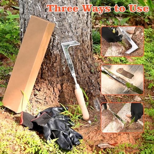 BokingOne 3-Sided Crevice Weeder - 12.6" Stainless Steel Garden Weeding Tool with Beech Handle, L-Shaped Crevice Weeder Sickle for Garden Lawn, Yard Patio Terrace, Paving Gaps - color: 3-Sided silvery