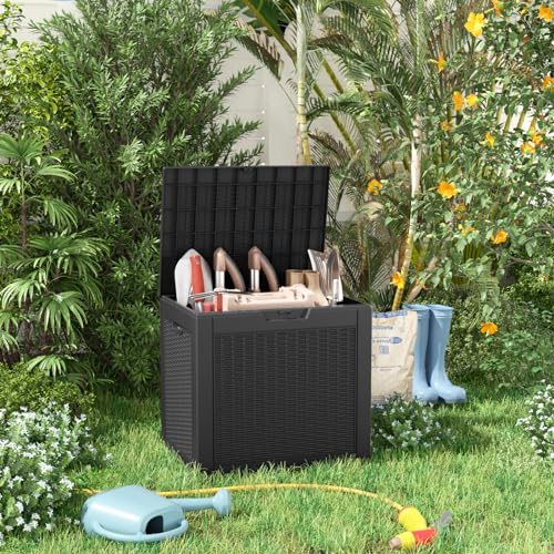 PatioZen 30 Gallon Resin Deck Box, Lockable Patio Outdoor Storage Box for Furniture, Garden Tools and Tools Storage, Waterproof Outside Storage Boxes - Black - color: Black, size: 30 Gallon