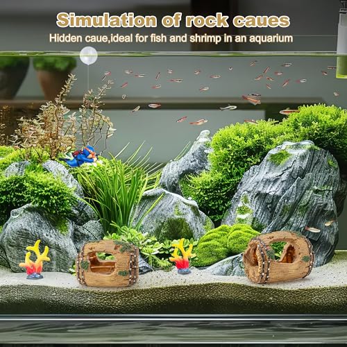 Aquarium Decoration Set with Driftwood Barrel, Coral Plants, Diver Figurine, Brown Green Blue Yellow Red, Resin Plastic, Medium, 5 Pieces