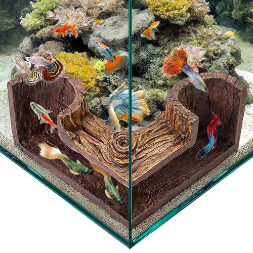 FISHNOSH Aquarium Cave | Natural-Looking Wood-Like BPA-Free Fish Tank Cave for Corners | 5.1” x 2” x 2.7” Fish Hideout for Aquarium | Guppy, Neon Tetra, Corydoras Catfish, Betta Hide | Tank Decor