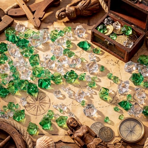 Syhood 570 Pcs 5 Sizes Green and Clear Fake Crushed Ice Rocks Irish Acrylic Diamonds Plastic Gemstones Treasure Crystal Gems for Vase Fillers Table Scatter Fish Tank Centerpieces Decoration - color: Green