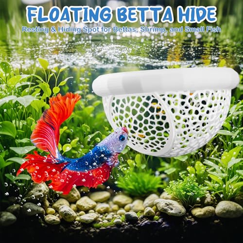 2 Sizes Floating Betta Fish Hide and Shrimp Cave – 3D Printed Aquarium Hammock, Floating Feeder Ring, and Resting Shelter for Nano Aquariums & Fish Tank Decorations (White)
