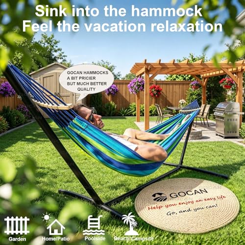 GOCAN Double Hammock 2 Person Extra Large 220x160cm Total Length 330cm Load 500lb Canvas Cotton Hammock for Patio Porch Garden Backyard Lounging Outdoor and Indoor with Removable Spreader bar - color: Blue Stripe