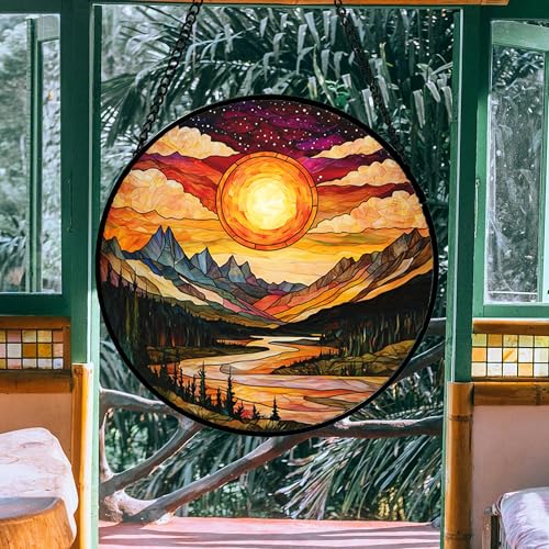 DASTOLL Stained Glass Window Hanging, Dusk Sunset Landscape Sun Catchers Glass Panel Lakes and Mountains Suncatcher Decor for Birthday for Women, Men, Wife, Aunt, and Mom 14.9 in - color: Golden Red, size: 14.9x14.9 IN