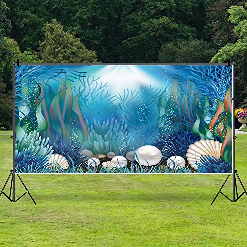 AOFOTO 15x8ft Fairytale Undersea Pearl Shell Backdrop Deep Sea Plants Coral Pearl Mussels Underwater Mermaid's Shelter Background for Photography Happy Birthday Party Banner Baby Shower Photo Booth - size: 15x8ft