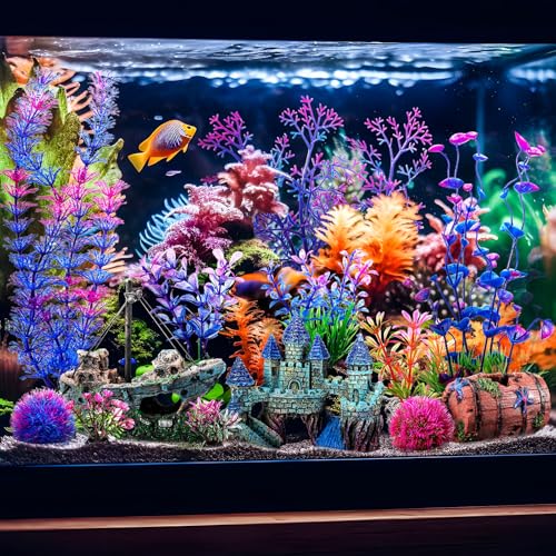 Zeyune 18 Pcs Fish Tank Decorations Artificial Plastic Plants Decoration and Rock Cave Decor Set Aquarium Decor Resin Castle Sunken Ship Starfish Barrel Goldfish Betta Tank Accessories Purple Ornament
