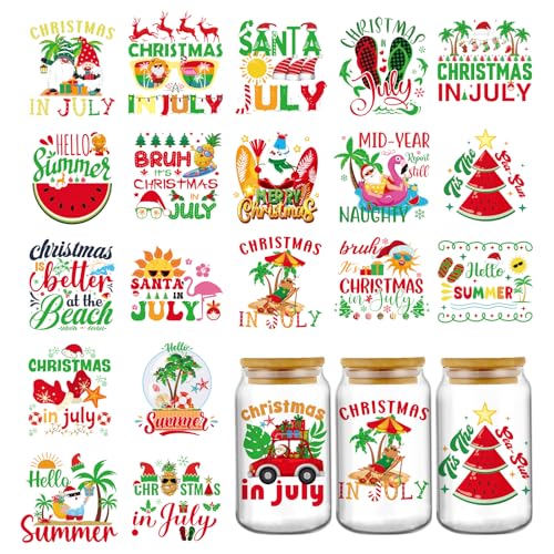 Christmas in July UV DTF Stickers - 20 Sheets Hello Summer Beach Surfing UV DTF Cup Wraps for 16 20 oz Glass Water Bottle, Elk Gnome Transfer Stickers DIY Coffee Mug Craft Decals Decor Gift for Women - style: Christmas
