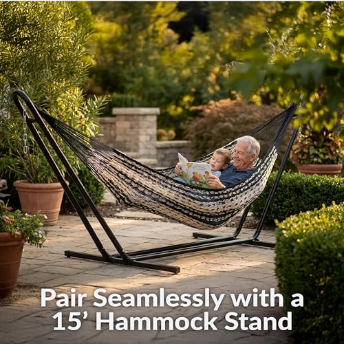 Sunnydaze Handwoven XXL Thick Cord Mayan Double Hammock for Outside - 625-Pound Capacity Heavy-Duty Outdoor Hammock - Black/Natural - color: Black/Natural