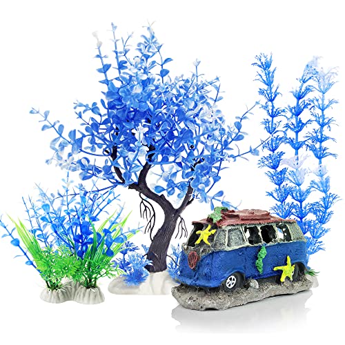 4PCS Fish Tank Aquarium Decorations Plastic Plants with Resin Cave Rock for Fish Hideout (Blue Set) - color: Blue & Green