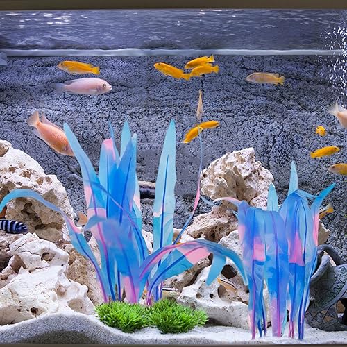 Kaiyuan Dynasty 2pc Silicone Aquarium Plants Artificial Plants for Fish Tank Glowing Kelp Aquarium Plant Decor Fish Tank Plants Simulation Artificial Water Grass,7inch,Blue - color: Blue