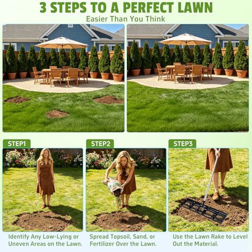Lawn Leveling Rake for Soil, 17"-30" Modular Interlocking Stainless Steel Lawn Leveler, 78"Adjustable Handle Yard Leveling Rake, Anti-Flip Ground Leveler for Yard, Sand, Topdressing, Golf Course, Farm