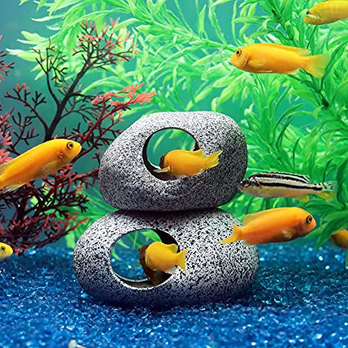 Aquarium Decorations Rock, Ceramic Shelters - Shrimp Habitat, Breeding Tube, Hiding cave, Stackable Fish Tank Decor Cave for Hiding, Betta Fish (J001+J002)