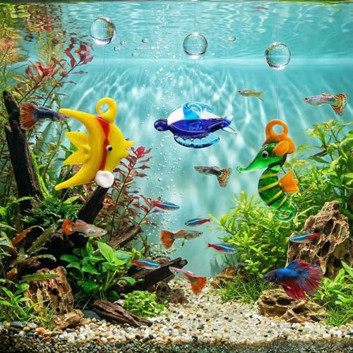 Hand Blown Glass Fish Figurines with Floats, Set of 3 Small Tropical Sea Animal Decor (B) - color: Multi-colour -B