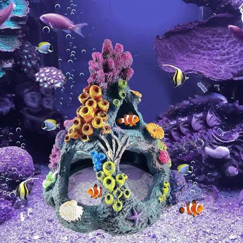 PINVNBY Coral Aquarium Decorations (Size: 6.3 x 4.7 x 4.7 inches) Small Fish Tank Decorations Hideout Resin Rock Mountain Cave Ornaments Betta Hideout House for Beta Sleep Rest Hide Play Breed - size: Large