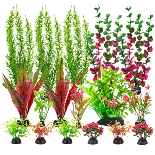 18-Piece Artificial Aquarium Plants Decorations – Large Set with Red & Green Foliage, Fish Tank Decor for Betta, Goldfish, Freshwater & Saltwater Tanks, Weighted Bases