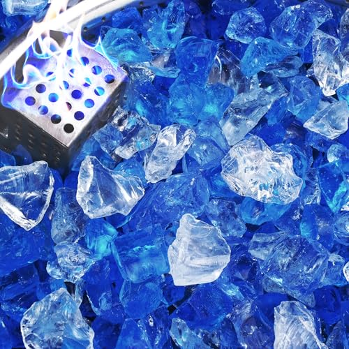 NUPICK Fire Glass - 20 Pound Mixed Bahama Blend for Fire Pit & Gas Fireplace, 1/2-3/4 Inch Tempered Glass Rock in Blue and White - color: Bahama Blend, size: 20 Pound (1/2")
