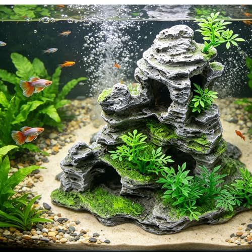 Saim Aquarium Mountain View Stone Ornament, Artificial Mountain Hill View Stone Rock Cave Aquarium Decorations Fish Tank Decor for Betta Cichlids Hideaway Cave, Hermit Crab Hideout - Large - size: 11.5x6x10.6inch-L