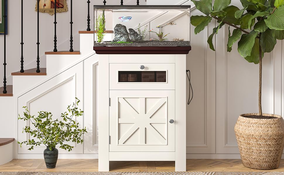 Virubi 10-15 Gallon Fish Tank Stand with Power Outlets, 198LBS Farmhouse Wood Aquarium Stand Furniture with Storage Cabinet and Drawer, Reptile Turtle Tank, Beige Brown