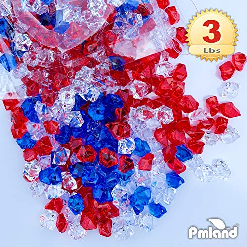 PMLAND Clear Fake Ice Rocks – 550Pcs Large Acrylic Gems Crushed Plastic Diamonds, Red White Blue (3Lbs/2.25 Quarts) – Bulk Vase Filler for Centerpieces Patriotic Theme Décor Aquarium Table Scatter - color: Red Blue and White