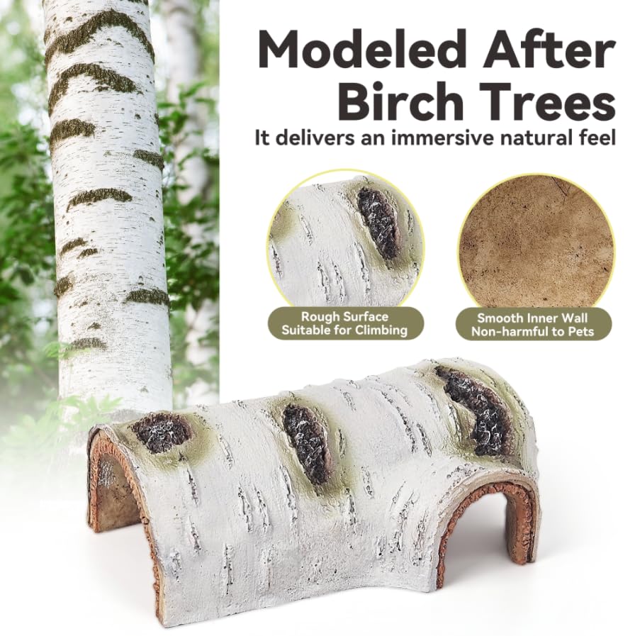 Artificial Birch Log Hide Reptile Shelter, Natural-Looking Reptile Hide for Bearded Dragons, Realistic Resin Hollow Log Hideout, Aquarium Resin Bark Decor