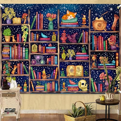 Medieval Bookshelf Backdrop 10x5 FT Bookcase Photography Background Bookshelf Library Backdrops Wall Hanging Dark Academia Photography Background Photo Studio Props - color: Blue, size: 10x5 FT