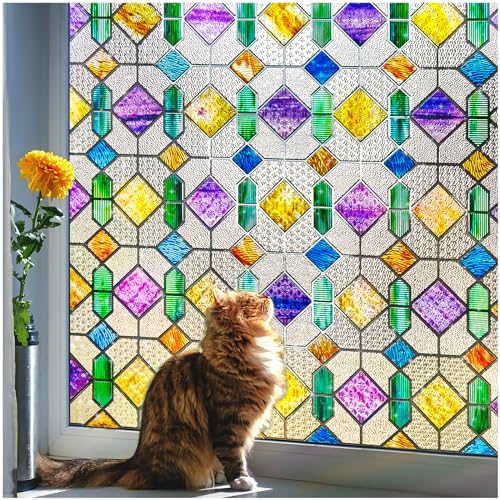 Coavas Stained Glass Window Privacy Film : Upgrade 3D Decorative Rainbow Window Clings Sun UV Blocking Bathroom Frosted Decals