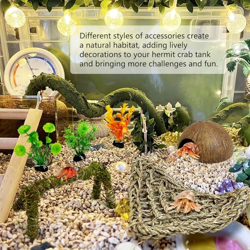 6 PCS Hermit Crab Accessories Small Bendable Moss Hermit Crab Climbing Toys Coconut Shell Hut Climbing Hammock with Suction Cup Plastic Plants for Reptile Amphibian - size: 4.72in