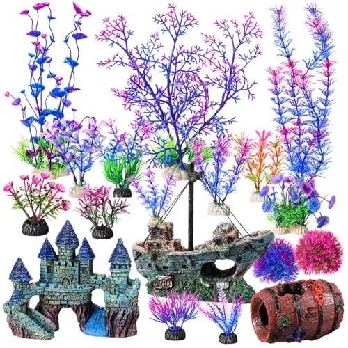 Zeyune 18 Pcs Fish Tank Decorations Artificial Plastic Plants Decoration and Rock Cave Decor Set Aquarium Decor Resin Castle Sunken Ship Starfish Barrel Goldfish Betta Tank Accessories Purple Ornament