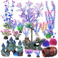 Zeyune 18 Pcs Fish Tank Decorations Artificial Plastic Plants Decoration and Rock Cave Decor Set Aquarium Decor Resin Castle Sunken Ship Starfish Barrel Goldfish Betta Tank Accessories Purple Ornament