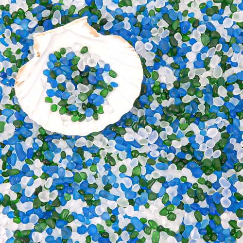 QEQEKAKA Sea Glass Stones for Crafts About 1LB (405g/14.28oz) Glass Pebbles Gemstones Bulk for Beaching Wedding DIY Decoration Aquarium Turtle Tank Vase Filler - color: White Green Blue, size: 1LB (405g/14.28oz)