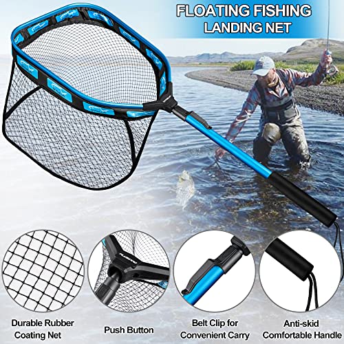 PLUSINNO Floating Fishing Net for Steelhead, Salmon, Fly, Kayak, Catfish, Bass, Trout Fishing, Rubber Coated Foldable Landing Net with Fixed or Telescoping Pole Handle, Fishing Gear and Gifts for Men - color: 11.8"/30cm Hoop Size 0.8M Blue Pole (Fixed Pol