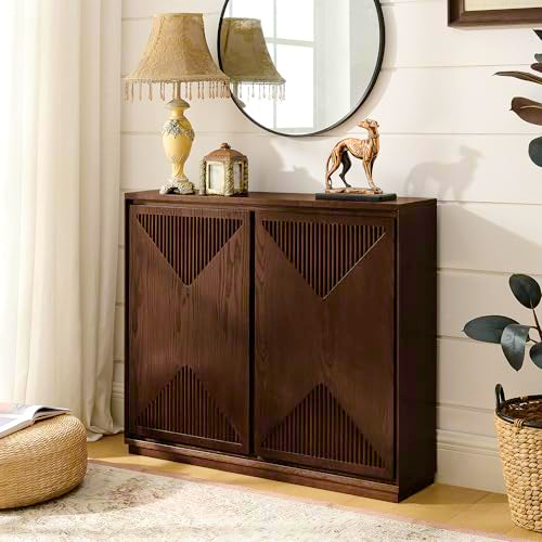 LKTART Narrow Sideboard Buffet Storage Cabinet with Solid Wood Doors,Mid Century Modern Accent Credenza Cabinet,Media Console Table for Kitchen, Living Room, Entryway-Dark Walnut - color: D- Dark Walnutt, size: 1 Piece