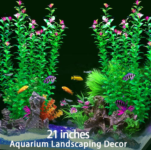 2 pcs Aquarium Decor Plants 21 Inches Extra Large Artificial Plastic Fish Tank Plants with Flowers, Tall Fish Tank Decoration for Betta Fish Tank - color: Grass Green
