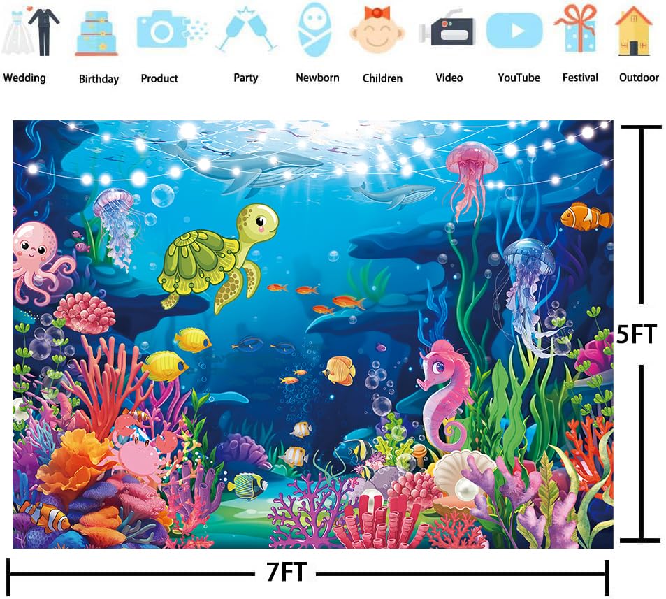 Under The Sea Photography Backdrop 7x5ft Underwater World Coral Reef Background for Ocean Theme Baby Shower Decorations Birthday Party Cake Table Decor Banner (7x5FT（210x150cm）) - size: 7 x 5 ft