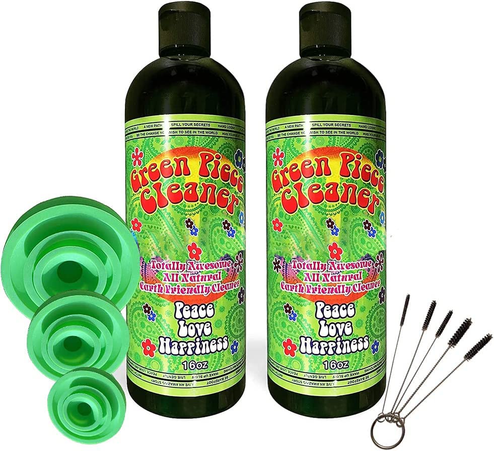 Green Piece® Glass Cleaner (Made in USA) - 2 of the 16 oz bottles with a Set of 3 Silicone Plugs and a 5 Piece Mini Metal Nylon Brush - style: 16 Fl Oz (Pack of 2) + 3 Purple Plugs & 5 Nylon Brush