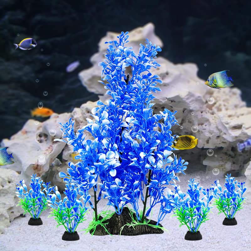 5 Pack Aquarium Plants, Blue Plastic Aquarium Tree Fish Tank Decor for Aquariums - color: Blue