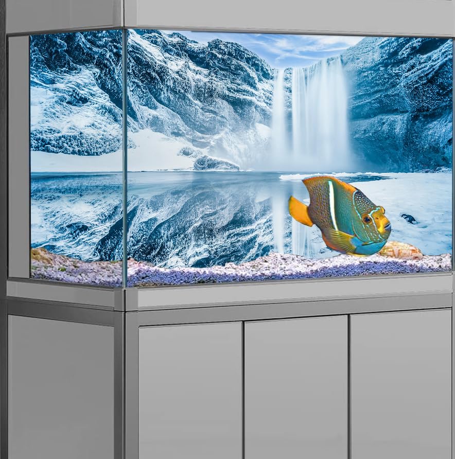 24X12IN Blue Sky White Iceberg Aquarium Background, Snow Mountain Fish Tank Decorations Background, Christmas Art Terrarium Background with 8 EVA Double-Sided Tape - size: 24X12in/60X30cm