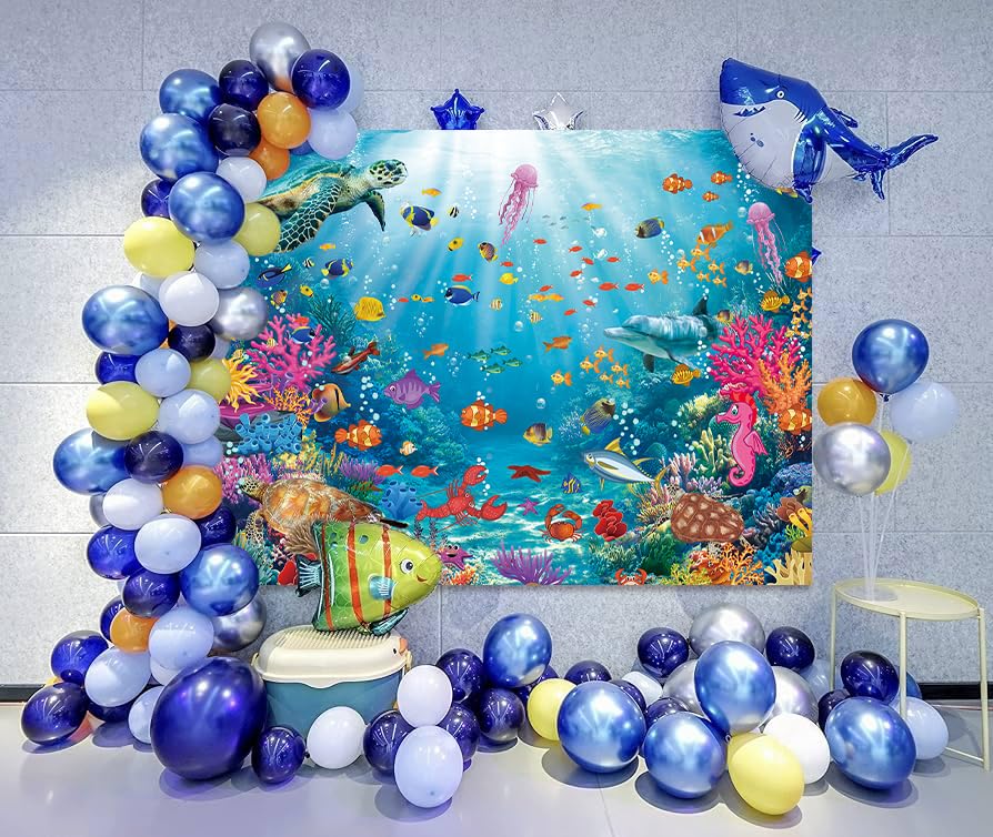 Underwater Backdrop Aquarium Ocean Corals Tropical Fish Photography Background Ocean Theme Party Decorations for Kid Boy's Birthday Cake Table Photo Booth Props (7x5FT)