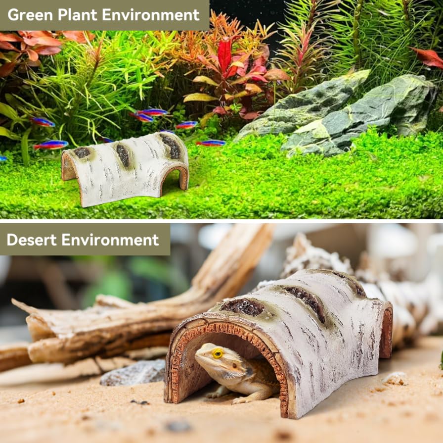 Artificial Birch Log Hide Reptile Shelter, Natural-Looking Reptile Hide for Bearded Dragons, Realistic Resin Hollow Log Hideout, Aquarium Resin Bark Decor