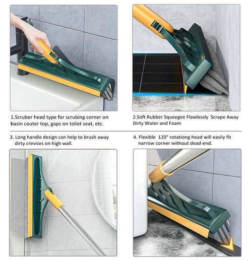 2 in 1 Floor Brush Scrubber with Long Handle Grout Brush 3 Poles 53.5'' New Upgrade Stiff Bristle Cleaning Scrub Brush with Squeegee 120°Rotating Tile Brush for Cleaning Bathroom Glass Patio Kitchen - color: Green