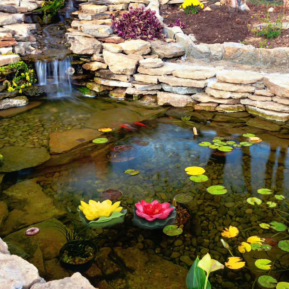 SEWACC 5pcs Artificial Lotus with Water Lily Pad Floating Lotus Flower Realistic Flower Ornanment for Outdoor Garden Pond Aquarium Pool Decoration 10cm