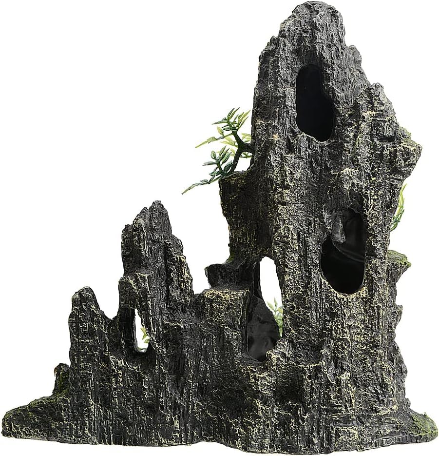 Aquarium Decorations Large Mountain View Stone Rock Cave Resin Betta Shrimp Hideout Ornaments with Small Plants Fish Tank Decorations