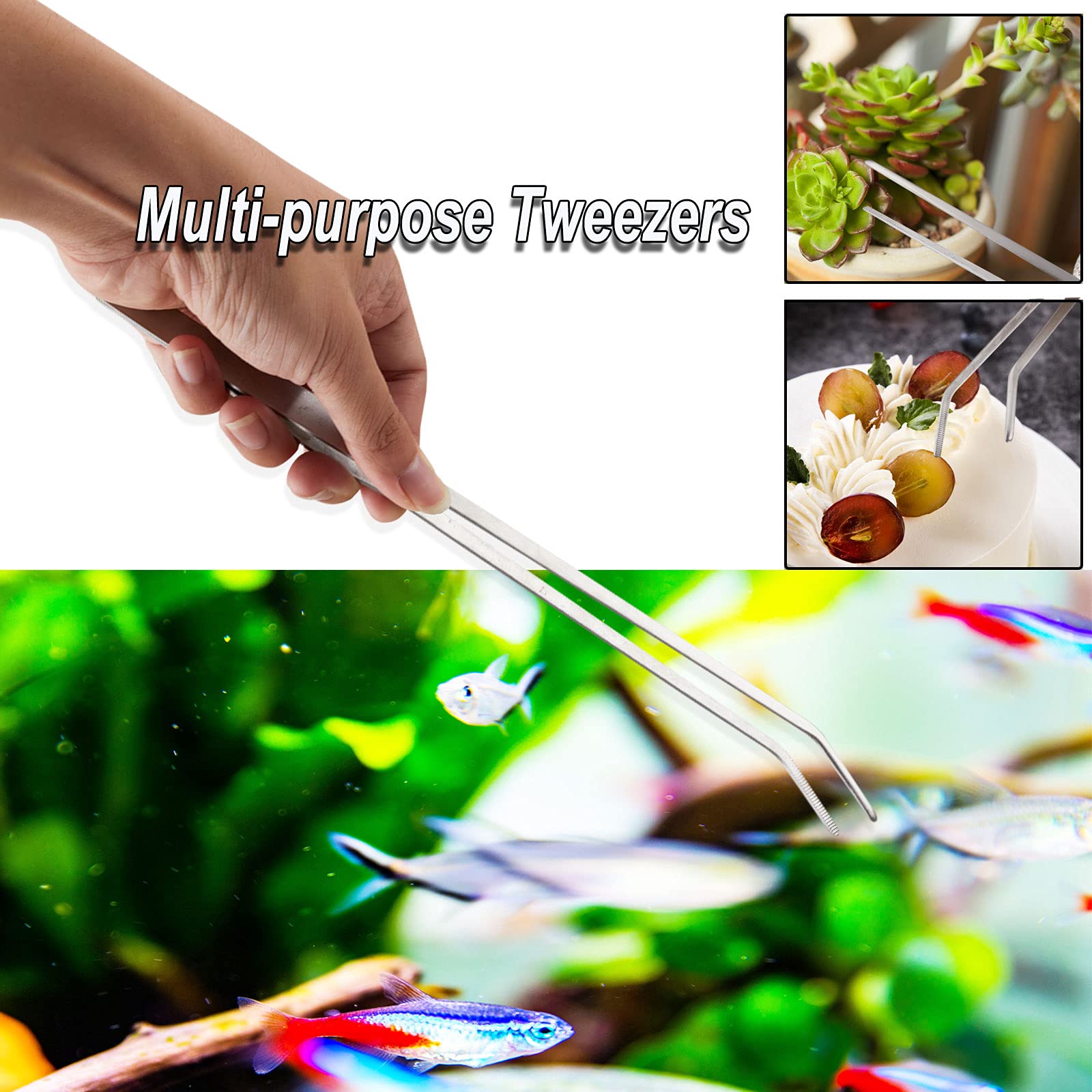 FRUTA 2-Piece Aquarium Tweezers Stainless Steel Straight and Curved Tweezers Set for Fish Tank Aquatic Plants, 27cm/10.6 inches Feeding Tongs for Hold Worms, Reptiles, Lizards, Bearded Dragon