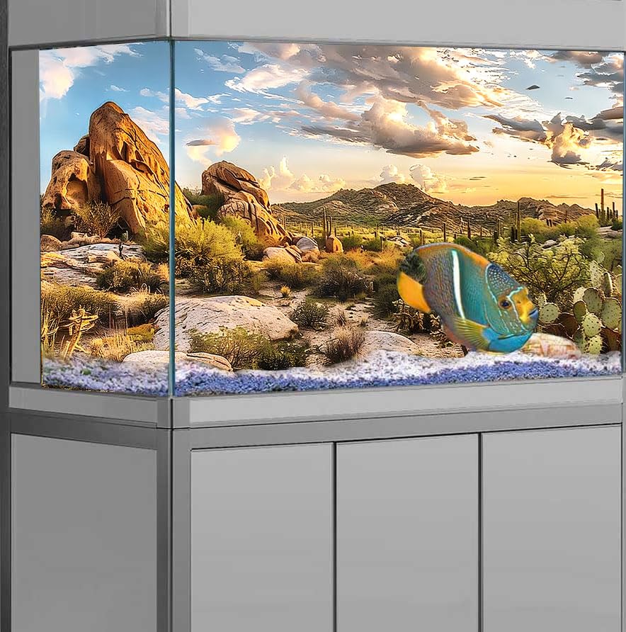 Reptile Habitat Background, Blue Sky Oasis Cactus Sun and Desert Terrarium Background with 6 EVA Double-Sided Tapes 48x24 inches/120x60 - color: Sun, size: 48"L x 24"W